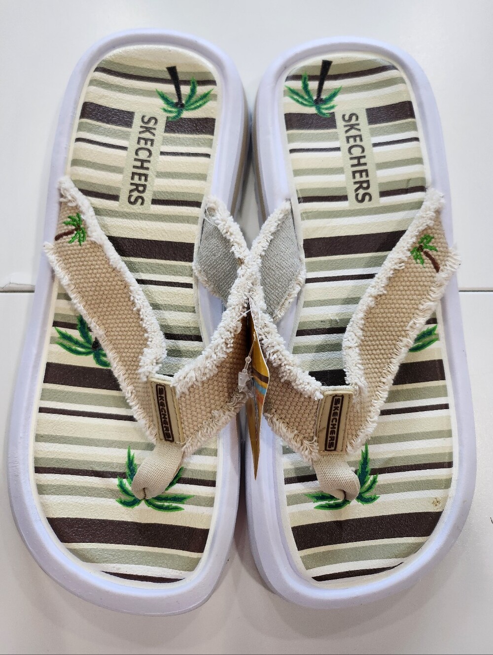 Skechers Palm Tree Striped Frayed Thong Sandals Women's Size 10 Natural